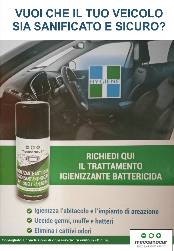 Locandina sanificazione maccanocar Locandina trattamento igienizzante battericida meccanoca